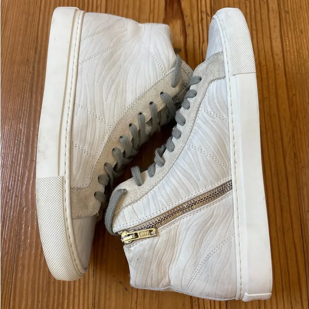 P448 ivory white leather zebra print faux fur lining high top sneakers‎ SIZE 7